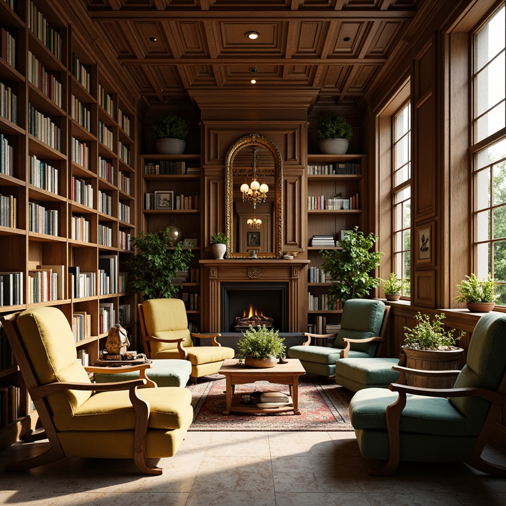 Prompt: Cozy library atmosphere, warm wooden shelves, comfortable reading nooks, vintage book collections, soft golden lighting, calming color palette, earthy tones, muted greens, creamy whites, rich browns, velvety textures, ornate wooden decorations, subtle patterns, natural stone flooring, floor-to-ceiling windows, diffused sunlight, shallow depth of field, 1/1 composition, warm and inviting ambiance.