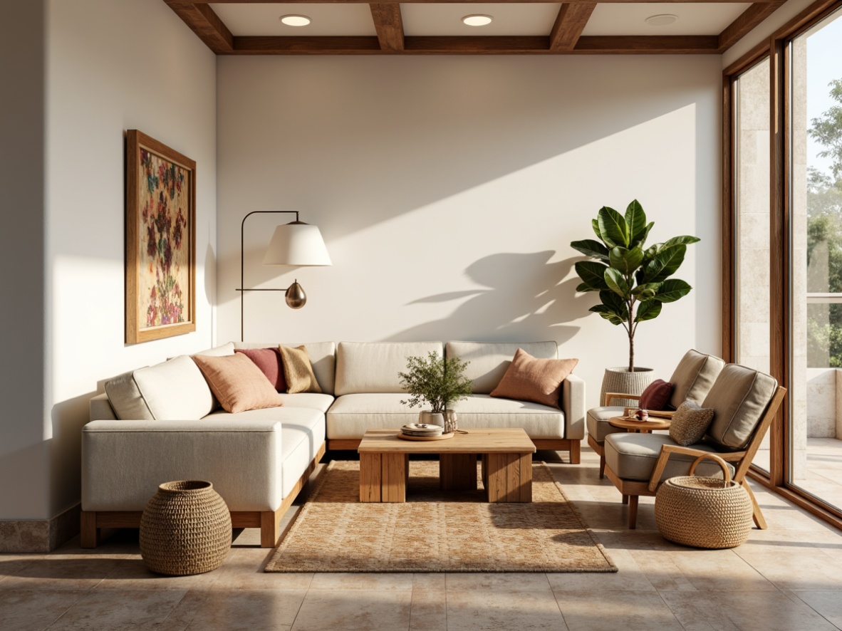 Prompt: Cozy living room, plush sofas, velvet armchairs, oak wood coffee tables, minimalist decor, soft pastel colors, natural textiles, woven baskets, Moroccan-inspired tiles, floor-to-ceiling windows, abundant sunlight, warm ambiance, 1/1 composition, shallow depth of field, realistic textures.