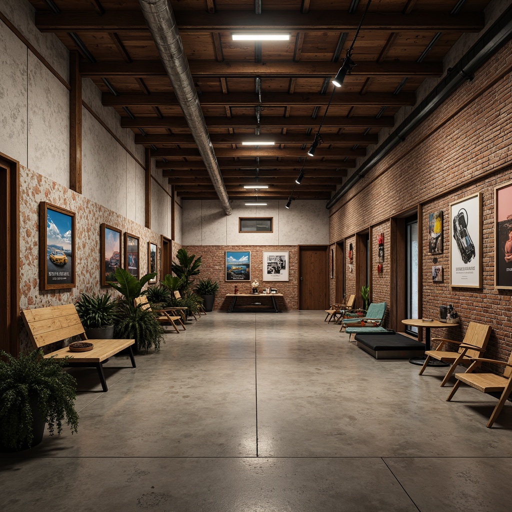 Prompt: Industrial garage interior, rusty metal accents, distressed wood tones, vintage car posters, concrete floors, exposed brick walls, edgy modern lighting, bold color contrasts, metallic sheen, warm beige tones, deep blues, rich reds, nostalgic atmosphere, dramatic shadows, high contrast ratio, 1/1 composition, realistic textures, ambient occlusion.