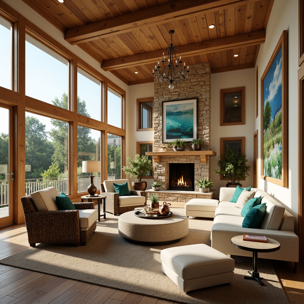 Prompt: Cozy great room, warm earthy tones, rich wood accents, comfortable seating areas, soft plush furniture, natural stone fireplace, large windows, abundant sunlight, calm atmosphere, warm beige walls, soothing sage greenery, vibrant turquoise decorative accents, creamy white trim, rustic wooden beams, elegant chandelier lighting, shallow depth of field, 1/1 composition, realistic textures.