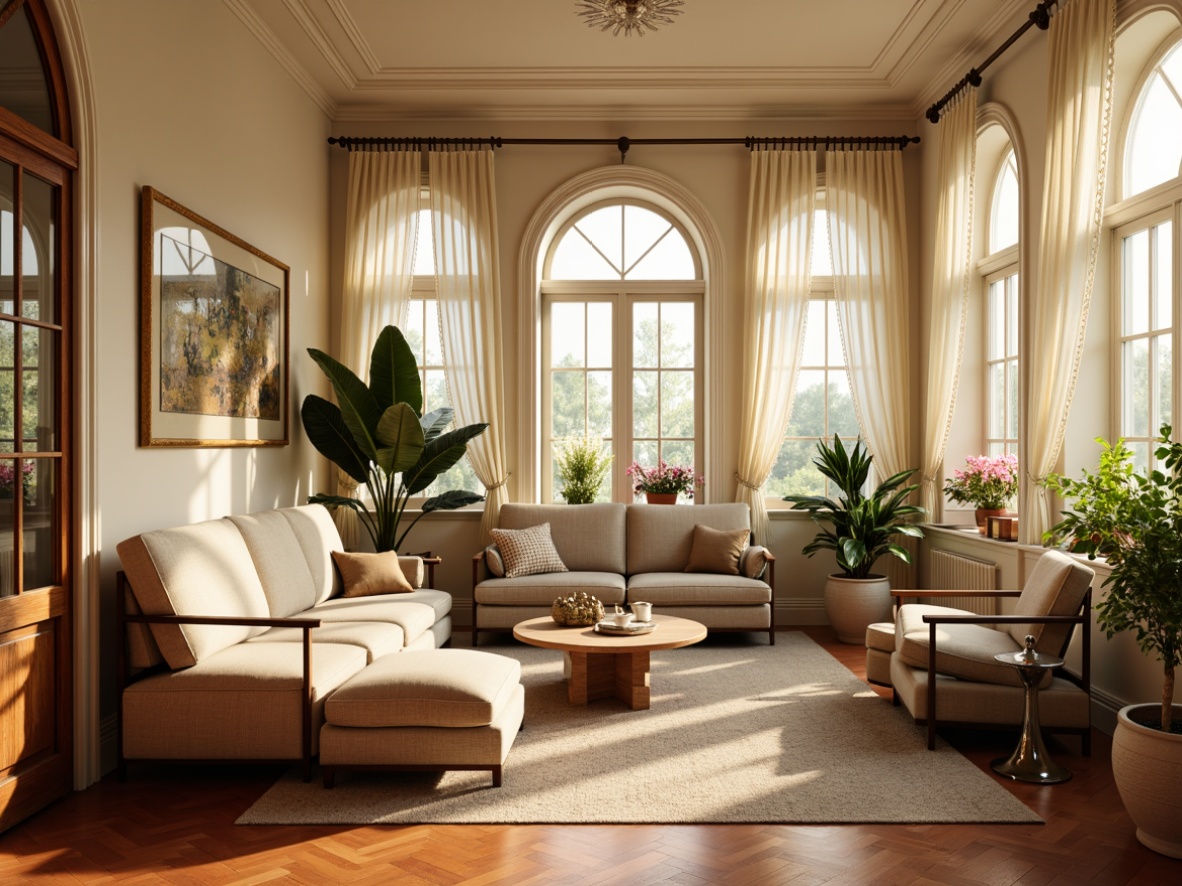 Prompt: Warm sunroom, soft natural light, elegant classicism style, creamy white walls, rich wood tones, ornate moldings, subtle beige accents, earthy terracotta floors, plush velvet furnishings, delicate lace curtains, warm golden lighting, shallow depth of field, 1/2 composition, inviting atmosphere, realistic textures, ambient occlusion.