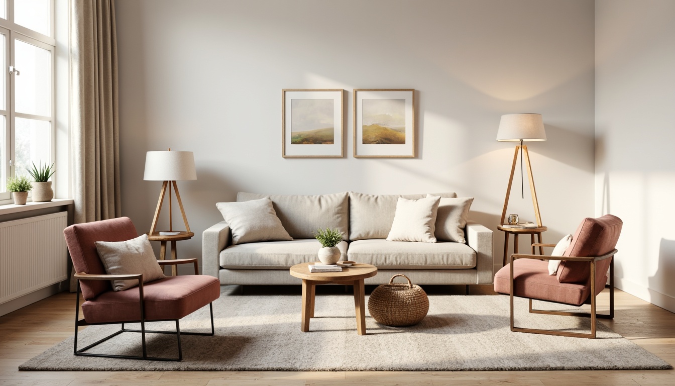 Prompt: Cozy living room, plush sofas, velvet armchairs, wooden coffee tables, woven baskets, soft pastel colors, creamy whites, natural fabrics, textured rugs, floor lamps, warm ambient lighting, minimalist decor, modern Scandinavian design, sleek metal frames, comfortable cushions, ergonomic designs, calming atmosphere, peaceful ambiance, natural materials, earthy tones.