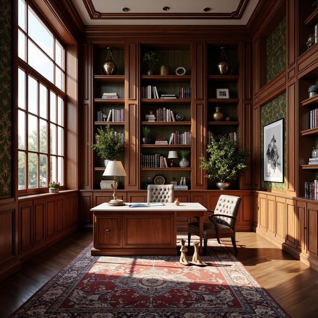 Prompt: Luxurious home office, rich wood tones, geometric patterns, metallic accents, bold color schemes, ornate decorations, vintage flair, curved lines, opulent textiles, leather-bound books, sophisticated lighting fixtures, glamorous desks, tufted armchairs, sleek metal lamps, marble surfaces, lavish rugs, sun-drenched windows, dramatic shadows, high-contrast lighting, 1/1 composition, cinematic atmosphere, nostalgic ambiance.