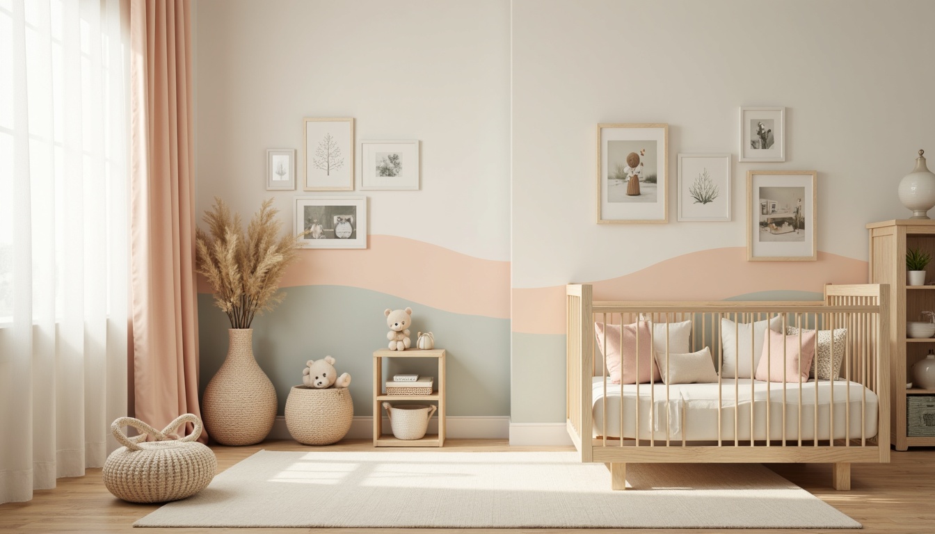 Prompt: Soft pastel nursery, gentle cream walls, warm beige furniture, soothing light blue accents, tender peach tones, natural wood crib, plush toys, delicate lace curtains, creamy white bedding, serene atmosphere, shallow depth of field, 1/1 composition, softbox lighting, realistic textures, ambient occlusion.