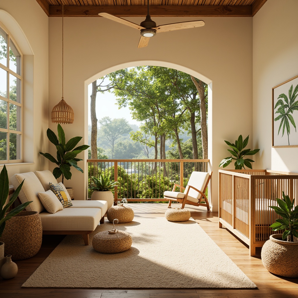 Prompt: Tropical baby nursery, warm creamy walls, soft pastel colors, natural wood furniture, woven rattan crib, leaf-patterned bedding, vibrant greenery, exotic flowers, gentle ocean breeze, sunny day, warm softbox lighting, shallow depth of field, 1/1 composition, intimate close-up shots, realistic textures, ambient occlusion.