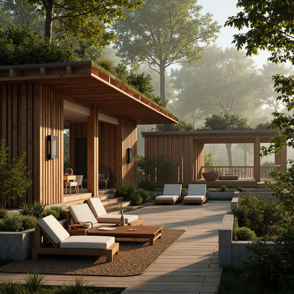 Prompt: Rustic wooden accents, natural stone walls, earthy color palette, organic textures, woven bamboo furniture, living green roofs, reclaimed wood flooring, minimalist decor, cozy ambient lighting, serene forest surroundings, misty morning atmosphere, soft warm sunlight, 3/4 composition, panoramic view, realistic rendering, ambient occlusion.