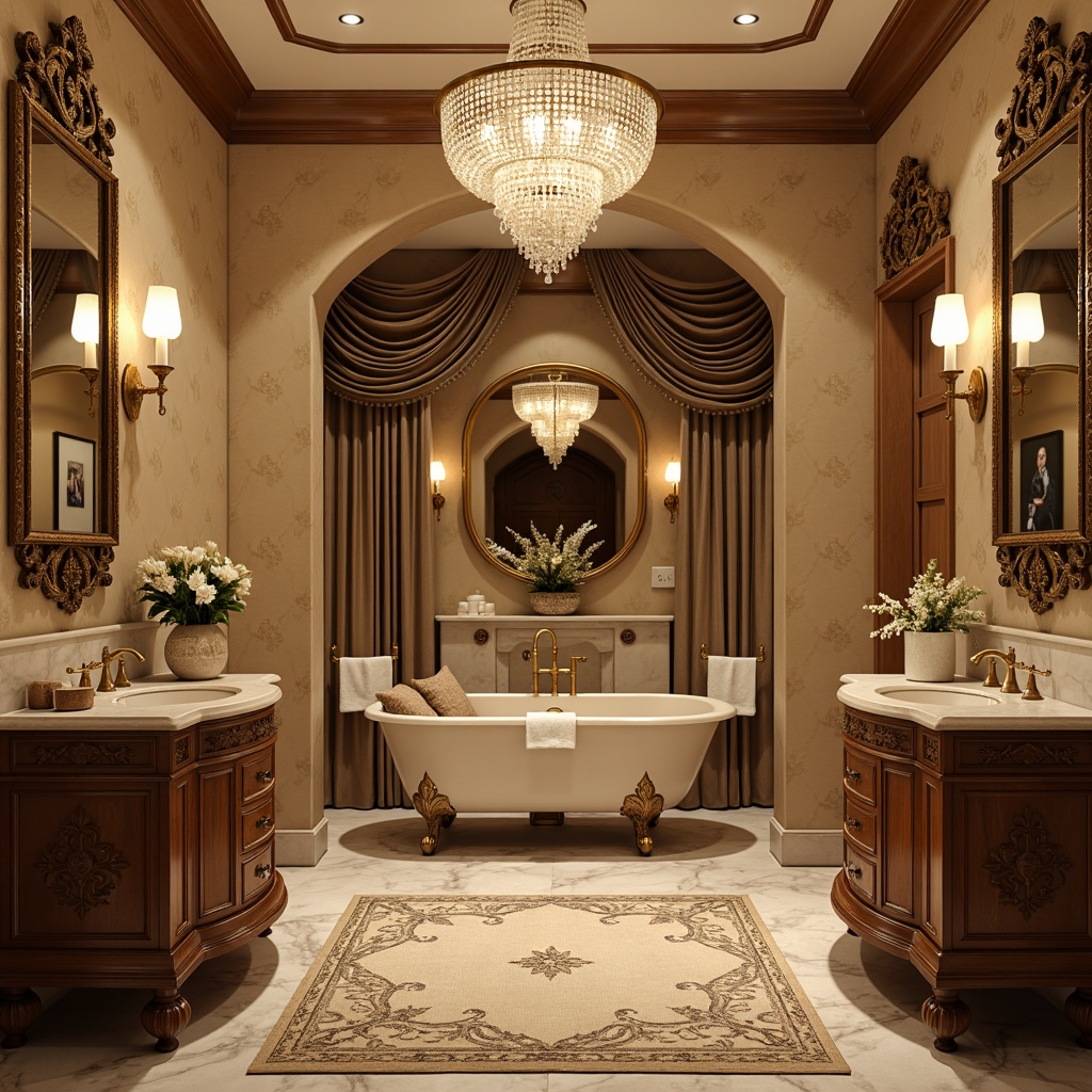 Prompt: Luxurious powder room, ornate mirrors, antique vanities, intricately carved wooden furniture, velvet upholstery, crystal chandeliers, soft warm lighting, rich textiles, marble countertops, golden faucets, freestanding tubs, floral patterns, subtle aromas, intimate ambiance, warm beige tones, elegant accessories, refined decor, ornamental molding, lavish materials, classic architectural details.