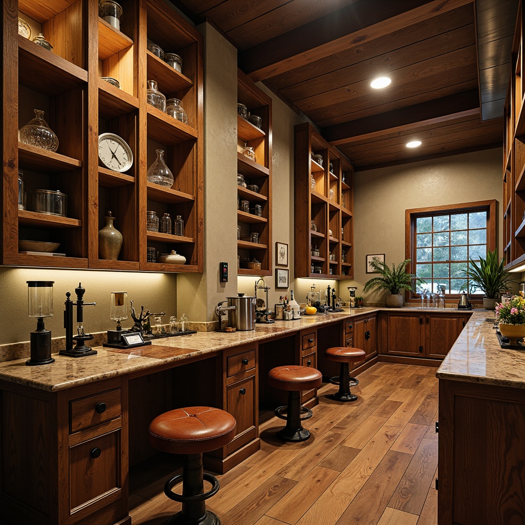 Prompt: Rustic laboratory, classic wooden cabinets, vintage metal shelves, distressed leather stools, antique scientific instruments, wooden workbenches, marble countertops, elegant glassware, ornate metal fixtures, warm beige walls, rich walnut flooring, soft overhead lighting, shallow depth of field, 1/2 composition, realistic textures, ambient occlusion.