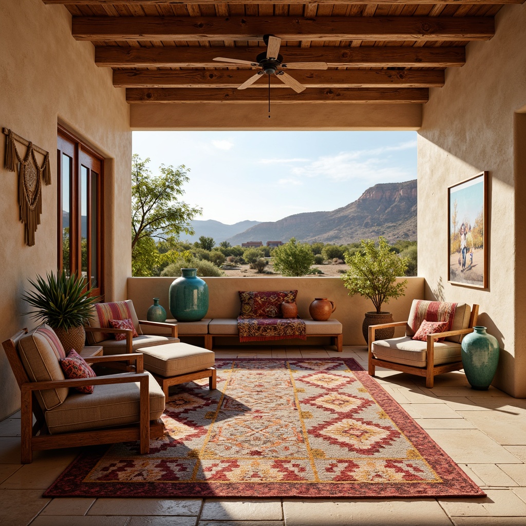 Prompt: Vibrant Native American patterned rugs, turquoise accents, earthy terracotta vases, woven wicker furniture, natural jute textiles, rustic wooden decor, warm beige stucco walls, colorful Aztec-inspired throws, geometric patterned blankets, distressed leather armchairs, rich wood tones, desert landscape views, cactus plants, warm sunny day, soft warm lighting, shallow depth of field, 3/4 composition, panoramic view, realistic textures, ambient occlusion.