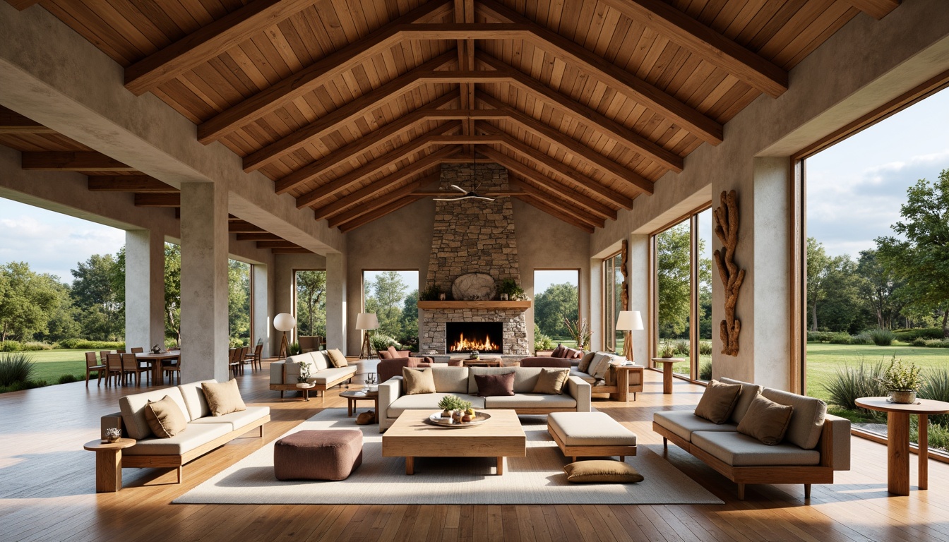 Prompt: Rustic farmhouse, open floor plan, high ceilings, wooden beams, natural materials, earthy tones, stone fireplace, modern appliances, sleek lines, minimal ornamentation, spacious living area, large windows, sliding glass doors, scenic rural views, lush greenery, natural light, soft warm ambiance, 1/1 composition, realistic textures, ambient occlusion.