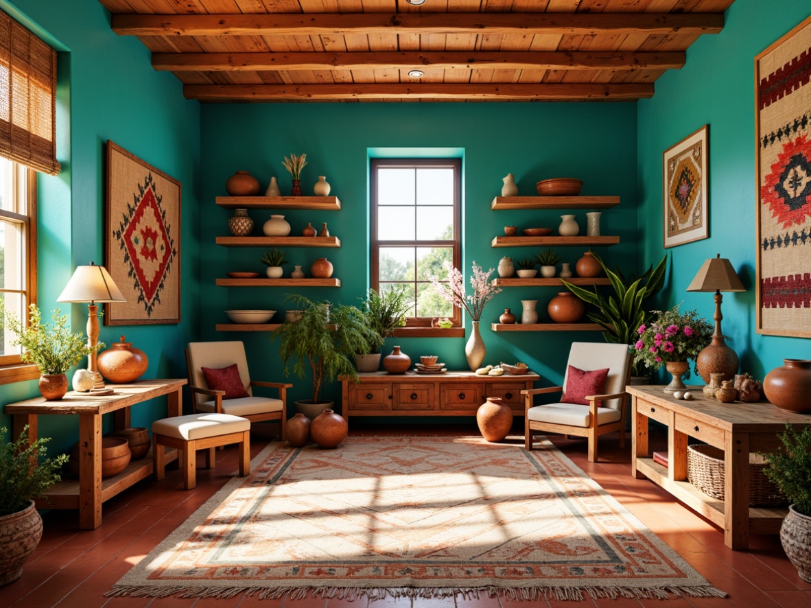 Prompt: \Southwestern craft room\Vibrant turquoise walls, warm terracotta floors, rustic wooden shelves, colorful woven textiles, handmade pottery, natural fiber rugs, earthy clay vases, geometric patterned fabrics, desert-inspired artwork, sunny skylight, soft warm lighting, shallow depth of field, 3/4 composition, panoramic view, realistic textures, ambient occlusion.Please let me know if this meets your requirements or if you need further adjustments!