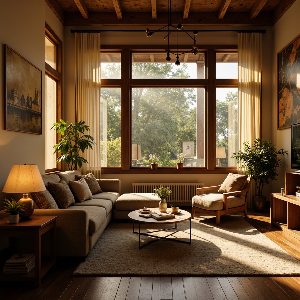 Prompt: Cozy living room, warm ambiance, soft golden lighting, table lamps, floor lamps, pendant lights, natural textiles, plush furnishings, earthy color palette, wooden accents, comfortable seating, intimate conversation areas, relaxing atmosphere, afternoon sunbeams, gentle shadows, 1/1 composition, soft focus, realistic reflections.