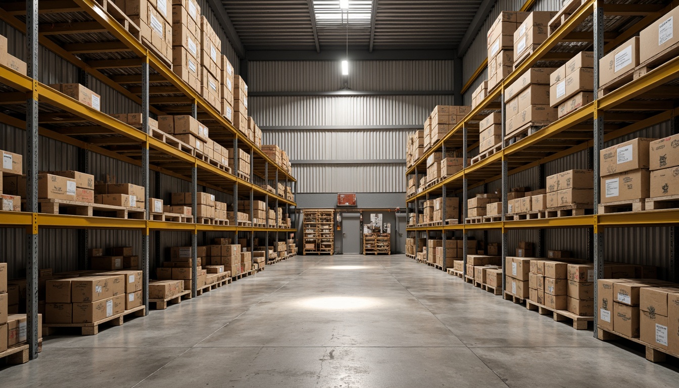 Prompt: Industrial storage room, metal shelving units, rusty corrugated steel walls, concrete floors, warm beige tones, earthy brown accents, muted gray backgrounds, bright yellow highlights, sleek metallic finishes, overhead lighting, softbox shadows, 1/2 composition, realistic textures, ambient occlusion.