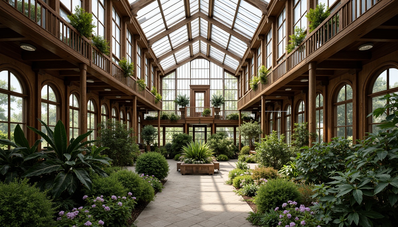 Prompt: \Grand Victorian greenhouse, lush greenery, exotic plants, intricate wooden frames, ornate metalwork, stained glass windows, arched doorways, rustic stone walls, natural ventilation, abundant sunlight, warm cozy ambiance, soft diffused lighting, shallow depth of field, 1/1 composition, realistic textures, ambient occlusion.\