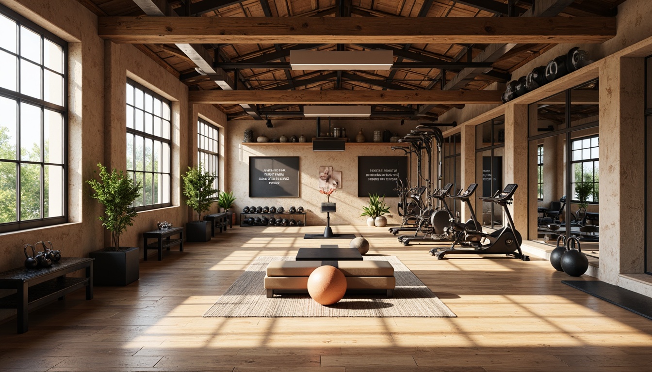 Prompt: Rustic home gym, natural wood flooring, mirrored walls, industrial metal beams, suspended lights, motivational quotes, free weights, kettlebells, exercise balls, yoga mats, treadmills, stationary bikes, modern cardio machines, sleek steel equipment frames, comfortable cushioned benches, large windows, abundant natural light, soft warm color scheme, shallow depth of field, 3/4 composition, realistic textures, ambient occlusion.