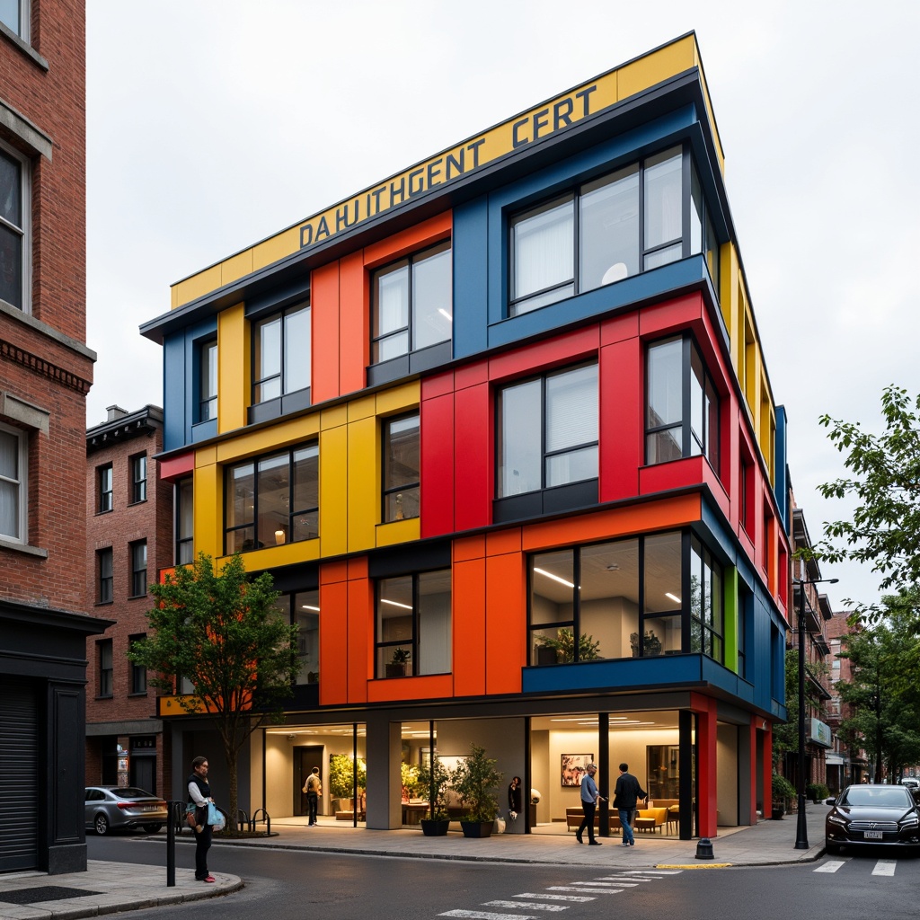 Prompt: Vibrant Bauhaus-style building, primary color palette, bold geometric shapes, industrial materials, exposed brick walls, steel beams, minimalist decor, functional typography, monochromatic backgrounds, contrasting accent colors, rectangular windows, clean lines, urban landscape, overcast sky, dramatic shadows, high-contrast lighting, 1/1 composition, realistic textures, ambient occlusion.