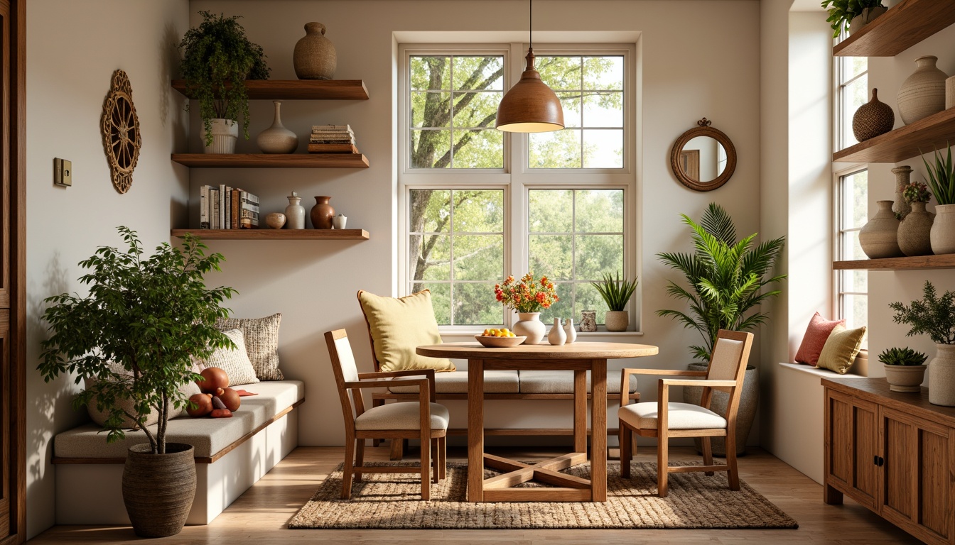 Prompt: Cozy breakfast nook, warm beige tones, soft morning light, rustic wooden table, comfortable cushioned chairs, delicate ceramic vases, fresh flower arrangements, woven natural fiber rugs, pendant lamp lighting, warm golden metal accents, ornate decorative mirrors, distressed wood shelves, vintage-inspired kitchenware, earthy terracotta pottery, lush greenery, sunny window seat, soft diffused lighting, 1/1 composition, intimate atmosphere, realistic textures.