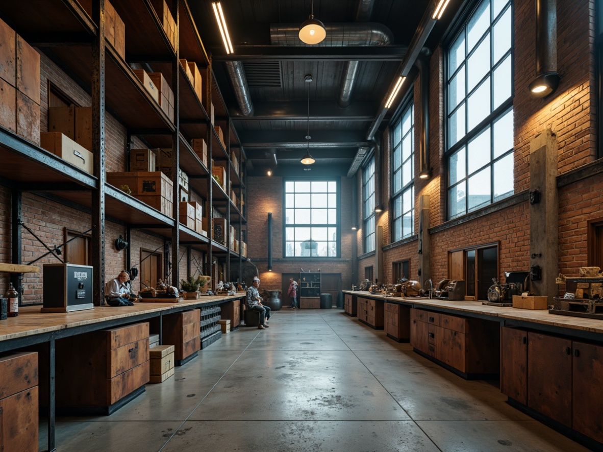 Prompt: Industrial storage room, metal shelving units, rusty tones, distressed wood accents, exposed brick walls, concrete floors, vintage industrial lighting, earthy brown hues, muted blue undertones, warm beige textures, natural stone countertops, reclaimed wood crates, worn leather details, soft diffused lighting, atmospheric fog effects, cinematic composition, realistic reflections.