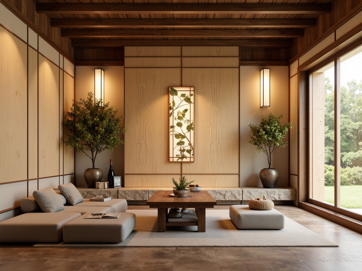 Prompt: Traditional Japanese-inspired wall finishes, natural wood grain patterns, warm beige tones, rustic stone textures, ornate gold accents, elegant paper lanterns, subtle Shoji screens, soft diffused lighting, shallow depth of field, 1/2 composition, serene atmosphere, realistic material details, ambient occlusion.