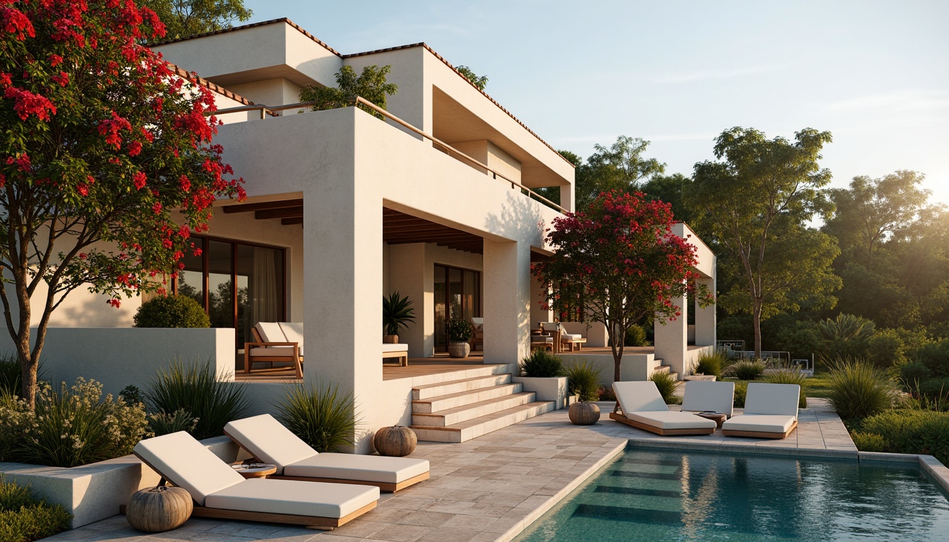 Prompt: Luxurious villa, Mediterranean style, warm beige exterior walls, terracotta roof tiles, lush greenery, vibrant bougainvillea flowers, tranquil pool area, sleek outdoor furniture, natural stone walkways, rustic wooden accents, soft golden lighting, warm neutral color palette, earthy tones, creamy whites, blues and greens for accent, shallow depth of field, 3/4 composition, panoramic view, realistic textures, ambient occlusion.