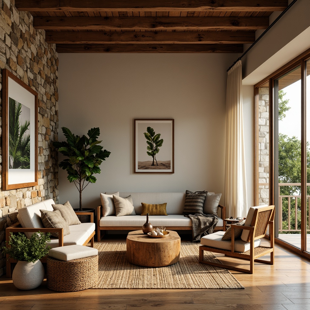 Prompt: Cozy living room, reclaimed wood furniture, natural stone walls, woven bamboo rugs, earthy color palette, organic textures, wooden accents, rattan chairs, linen upholstery, botanical prints, potted plants, warm ambient lighting, shallow depth of field, 1/1 composition, soft focus, realistic render, subtle grain, atmospheric perspective.