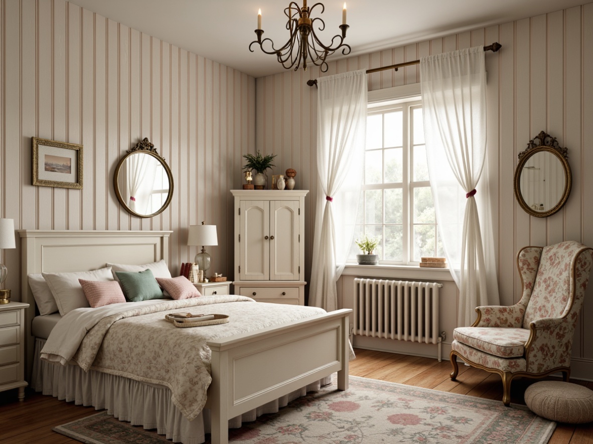 Prompt: Whimsical kids' bedroom, distressed wood furniture, soft pastel colors, lace curtains, vintage accessories, floral patterns, ruffled bedding, plush toys, antique decor, worn velvet armchairs, ornate mirrors, creamy whites, pale pinks, baby blues, warm candlelight, shallow depth of field, 1/1 composition, cozy atmosphere, natural textures, subtle shadows.