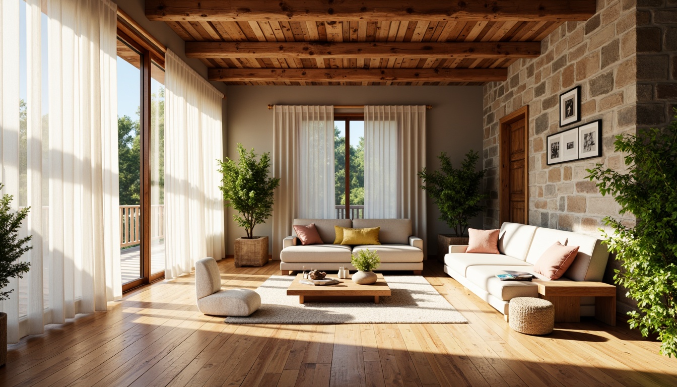 Prompt: Vibrant living room, floor-to-ceiling windows, sheer white curtains, warm wooden flooring, comfortable sofas, modern minimalist decor, lush green plants, natural stone walls, rustic wooden beams, sunny afternoon, soft diffused light, shallow depth of field, 1/1 composition, realistic textures, ambient occlusion.