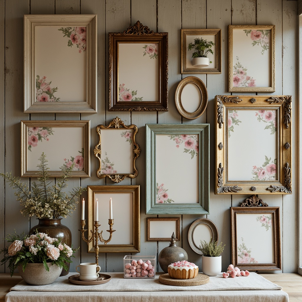 Prompt: Distressed wooden frames, vintage floral patterns, soft pastel colors, antique mirrors, rustic metal accents, lace draping, distressed finishes, natural linen fabrics, ornate gold details, elegant candelabras, soft warm lighting, 1/1 composition, intimate focus, realistic textures, ambient occlusion.