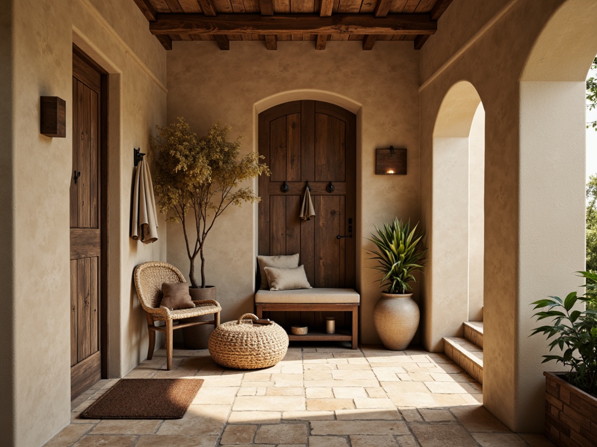 Prompt: Earthy mudroom, natural stone flooring, reclaimed wood accents, warm beige walls, rustic metal hooks, woven wicker furniture, earthy brown rugs, organic textures, soft warm lighting, shallow depth of field, 3/4 composition, realistic materials, ambient occlusion.