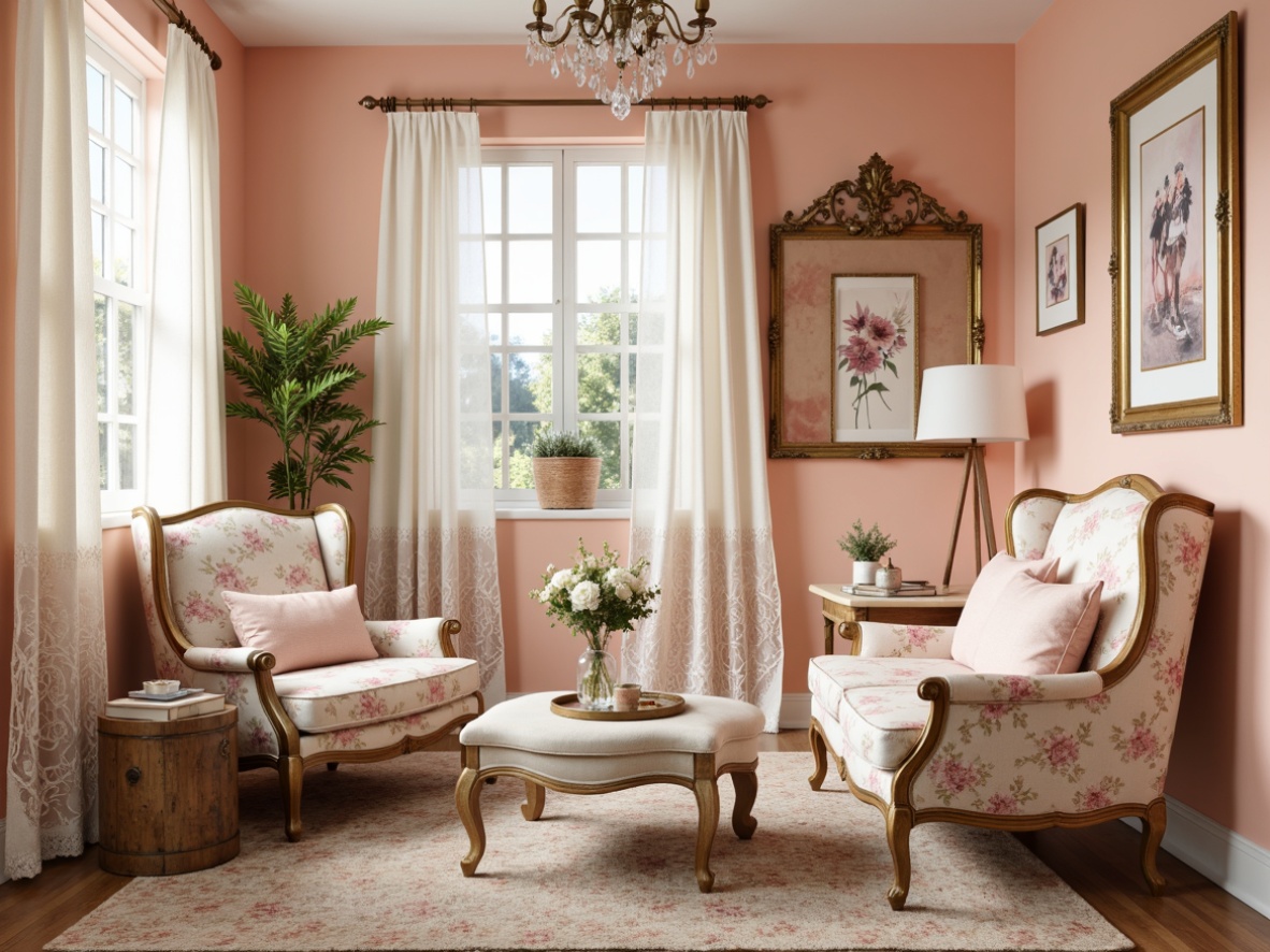 Prompt: Soft peach walls, distressed wood furniture, vintage floral patterns, lace curtains, ornate gold frames, pastel pink accents, creamy whites, warm beige tones, elegant chandeliers, natural fiber rugs, subtle sparkle textures, softbox lighting, 1/2 composition, cozy intimate atmosphere, realistic fabric simulations.