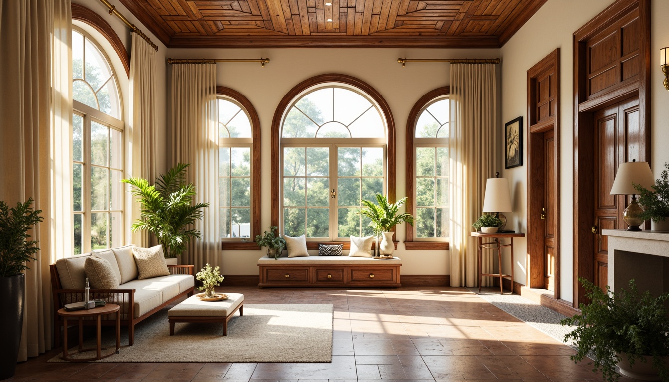 Prompt: Elegant sunroom, classicism style, warm natural light, wooden accents, ornate moldings, cream-colored walls, soft beige curtains, floral patterns, subtle texture, distressed wood paneling, decorative trim work, rustic stone veneer, earthy tone color palette, cozy reading nook, plush furniture, golden lighting fixtures, gentle shadows, shallow depth of field, 2/3 composition, warm color temperature, realistic materials, ambient occlusion.