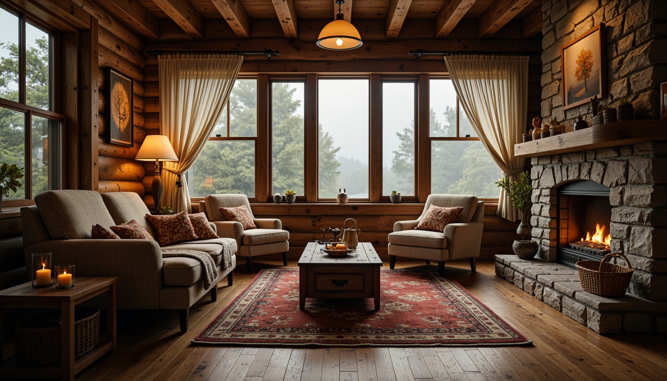 Prompt: Cozy mountain lodge, wooden accents, natural stone walls, vintage furniture, distressed wood textures, earthy color palette, warm candle lighting, plush throw blankets, woven baskets, antique decorations, rustic metal hardware, wooden beams, cabin-style windows, foggy morning atmosphere, soft golden lighting, shallow depth of field, 1/2 composition, realistic wood grains, ambient occlusion.