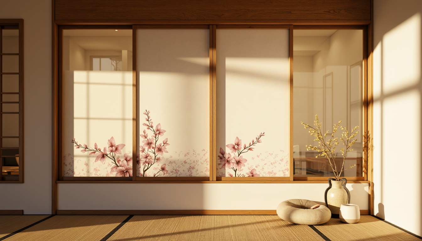 Prompt: Traditional Japanese sliding doors, natural wood accents, woven bamboo textures, soft cream-colored walls, subtle sheen finishes, minimalist decor, serene ambiance, warm golden lighting, shallow depth of field, 1/2 composition, realistic wood grain, ambient occlusion, rice paper-inspired patterns, delicate cherry blossom motifs.