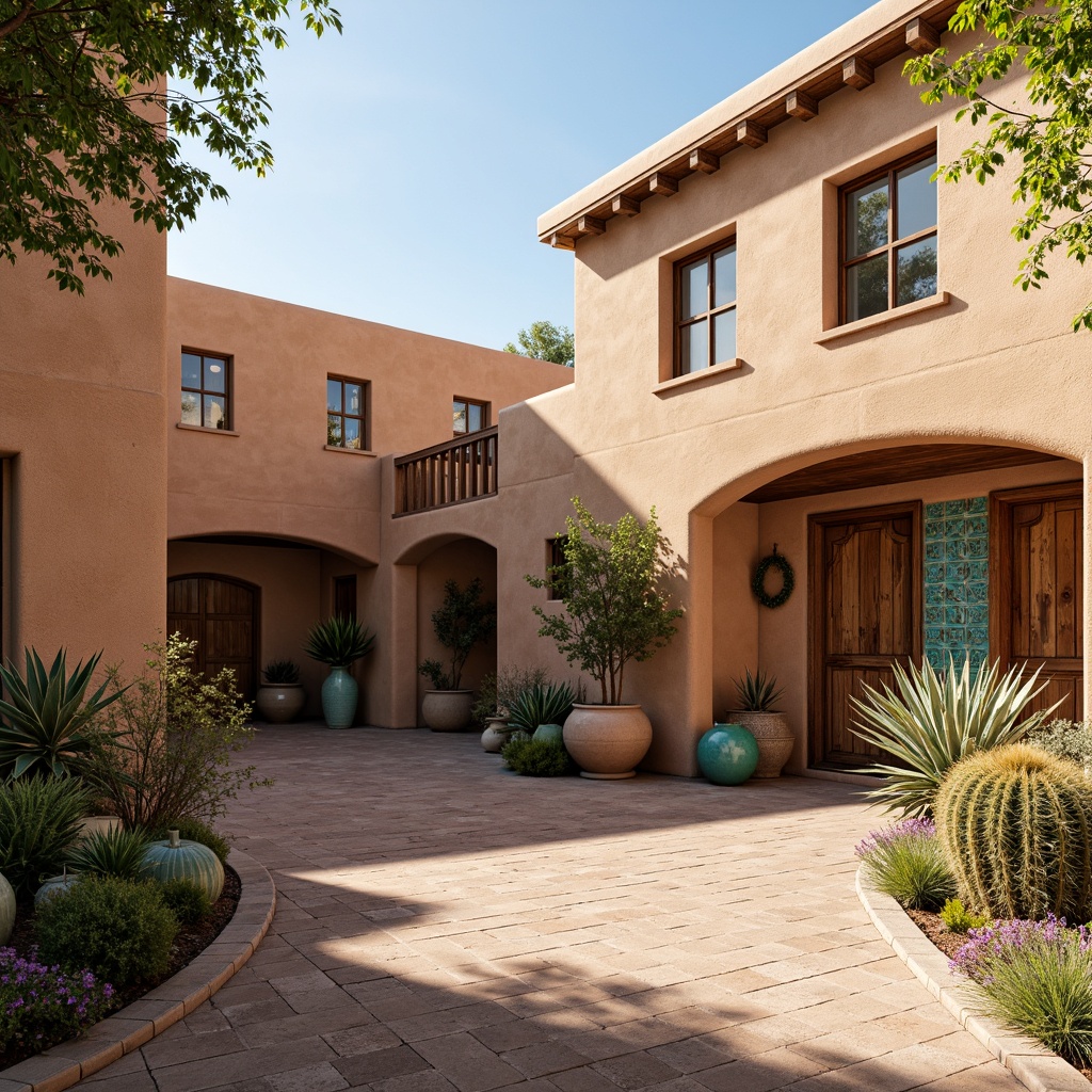 Prompt: Adobe earth tones, stucco exteriors, curved archways, wooden accents, rustic metalwork, vibrant turquoise decorations, ornate tile patterns, wooden shutters, clay roof tiles, terracotta pots, lush cacti, desert flora, warm sunny day, soft natural lighting, shallow depth of field, 1/1 composition, realistic textures, ambient occlusion.