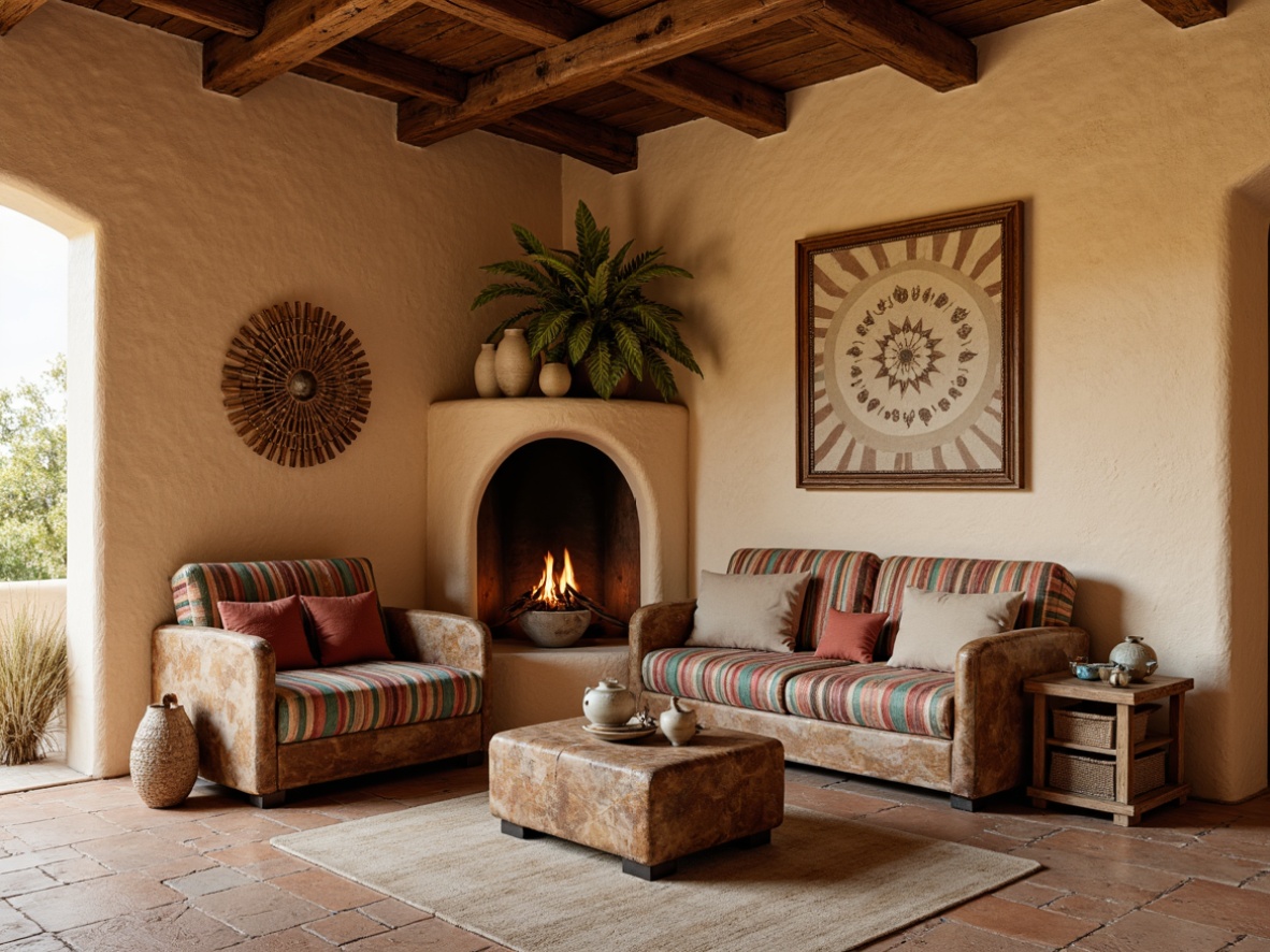 Prompt: Earthy adobe walls, natural stucco textures, warm beige tones, rustic wooden accents, woven Native American patterns, turquoise stone inlays, distressed leather furniture, vintage pottery decorations, colorful woven blankets, sandy dune-inspired color palette, organic shapes, earthy scents, warm ambient lighting, shallow depth of field, 3/4 composition, realistic textures, ambient occlusion.