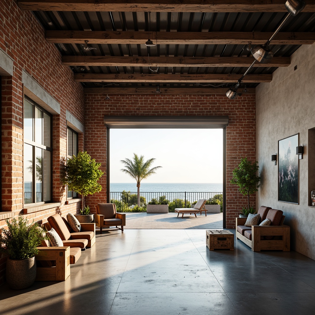 Prompt: Industrial-chic warehouse, reclaimed wood accents, exposed brick walls, metal beams, polished concrete floors, coastal-inspired color palette, calming ocean views, natural light pouring in, large glass windows, sliding doors, minimalist decor, modern nautical touches, distressed wooden crates, potted plants, rustic metal lighting fixtures, soft warm ambiance, shallow depth of field, 1/1 composition, realistic textures, ambient occlusion.