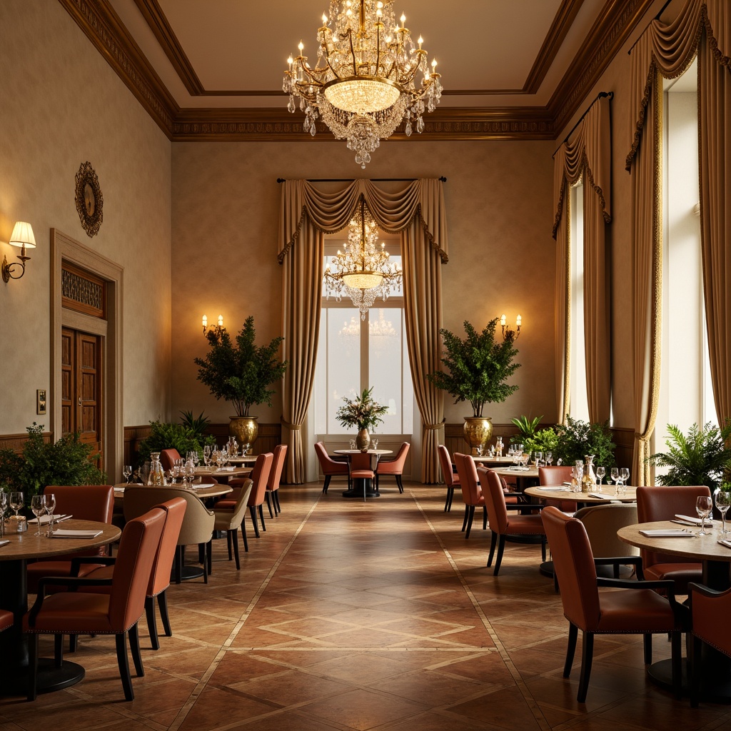 Prompt: Elegant dining hall, luxurious wooden flooring, rich velvet drapes, ornate crystal chandeliers, refined marble tables, plush leather chairs, metallic accents, warm beige walls, soft cream-colored curtains, sophisticated lighting fixtures, lavish greenery, classic architectural details, vintage decorative items, timeless color palette, harmonious texture combinations, shallow depth of field, 1/2 composition, intimate atmosphere, warm golden lighting.