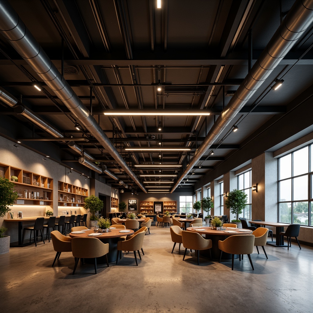 Prompt: Modern interior, sleek light fixtures, minimalist design, pendant lamps, recessed lighting, LED strips, ambient illumination, warm cozy atmosphere, industrial chic aesthetic, exposed ductwork, polished concrete floors, metal beams, reclaimed wood accents, urban loft vibe, dramatic high ceilings, floor-to-ceiling windows, natural daylight, soft diffused lighting, 1/1 composition, realistic renderings, subtle shadows.