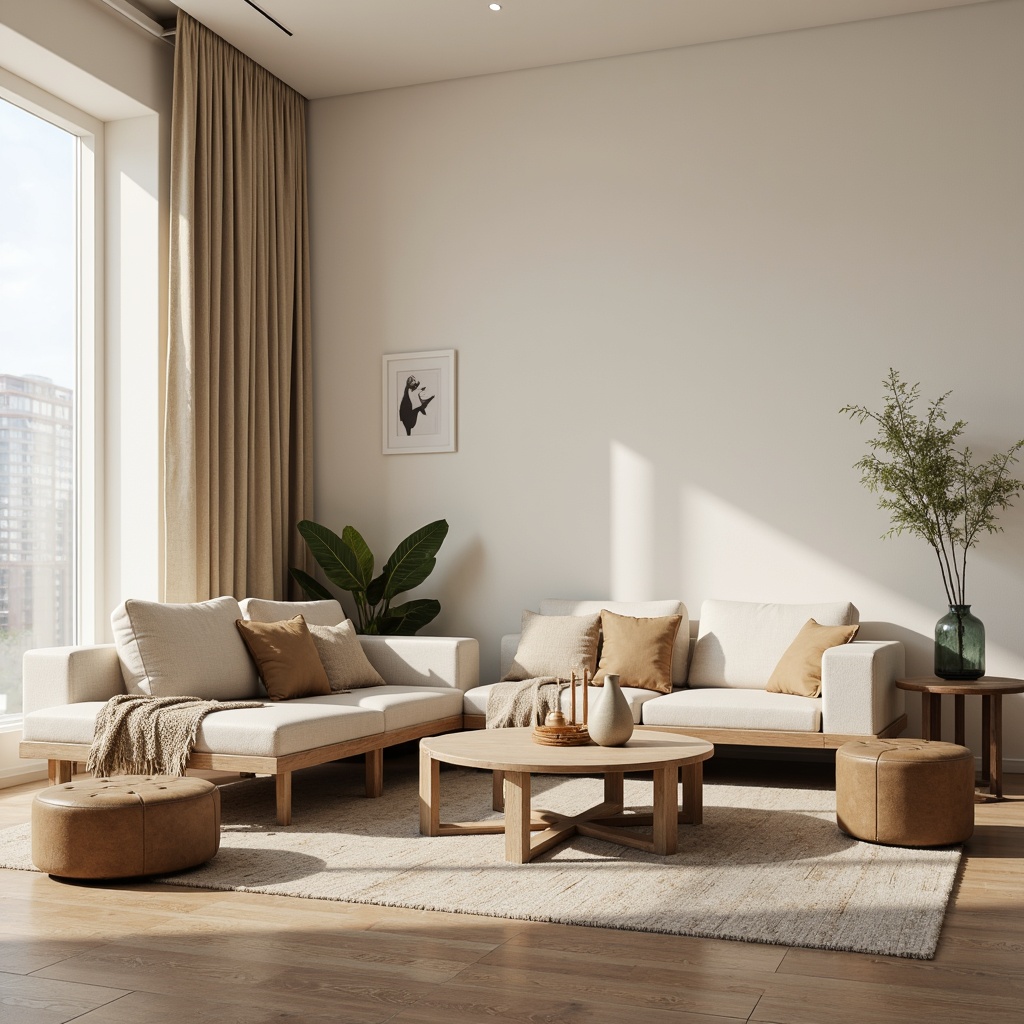 Prompt: Minimalist living room, light wood tones, natural textures, sleek lines, simplicity, functionality, cozy ambiance, warm candlelight, soft cream-colored walls, modern Scandinavian furniture, low-profile sofas, tufted ottomans, geometric-patterned rugs, industrial-chic coffee tables, minimalist decor, greenery accents, subtle color palette, Nordic-inspired accessories, warm beige upholstery, gentle curve lines, 1/1 composition, shallow depth of field, softbox lighting, ambient occlusion.