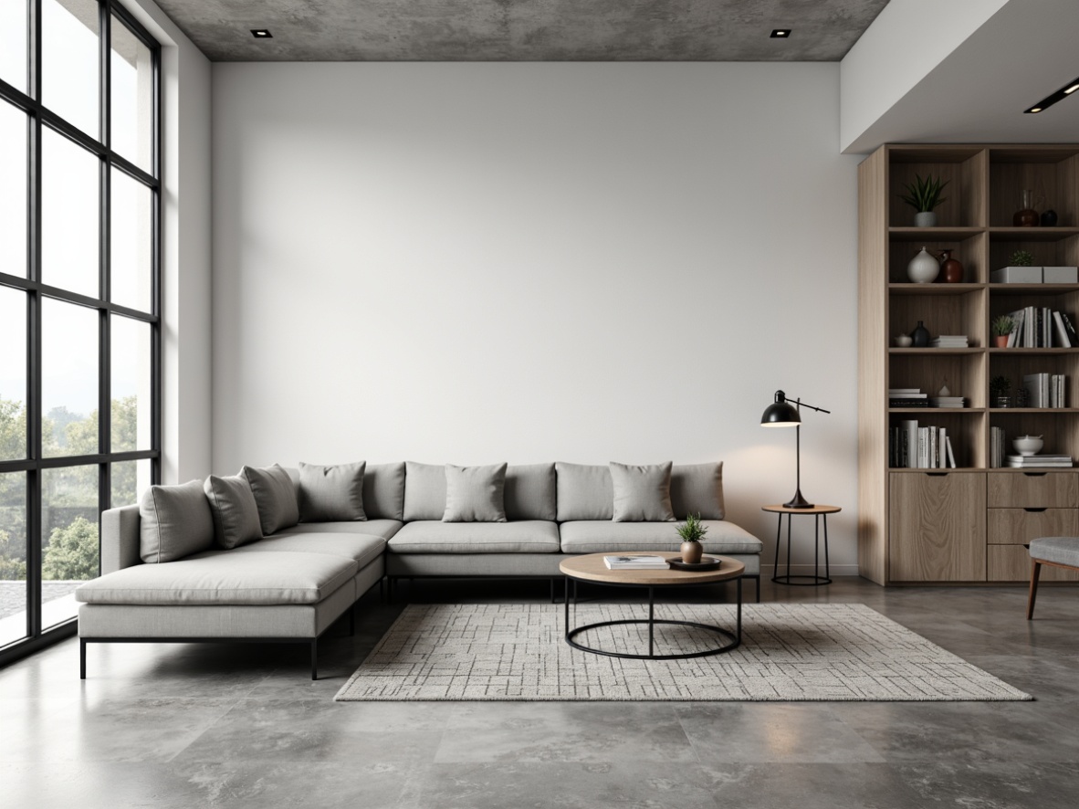 Prompt: Minimalist living room, sleek low-profile sofa, monochromatic color scheme, polished concrete floor, geometric-patterned rug, industrial-chic metal coffee table, minimalist wooden shelves, functional floor lamps, abundant natural light, airy atmosphere, 1/1 composition, softbox lighting, realistic textures, ambient occlusion.