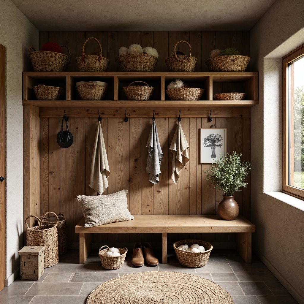 Prompt: Cozy mudroom, rustic wooden bench, woven baskets, natural stone flooring, earthy color palette, functional storage units, metal hooks, leather straps, woven textiles, vintage accessories, warm ambient lighting, soft focus, 1/2 composition, realistic materials, subtle textures, inviting atmosphere.