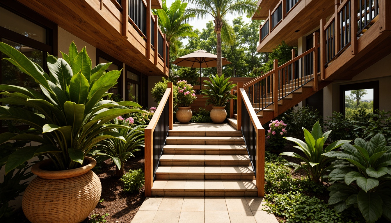 Prompt: Exotic tropical staircase, rich wood tones, polished teak handrails, smooth stone steps, intricate metal balusters, lush greenery surroundings, vibrant flower arrangements, natural fiber carpeting, woven rattan accents, warm golden lighting, shallow depth of field, 3/4 composition, realistic textures, ambient occlusion.