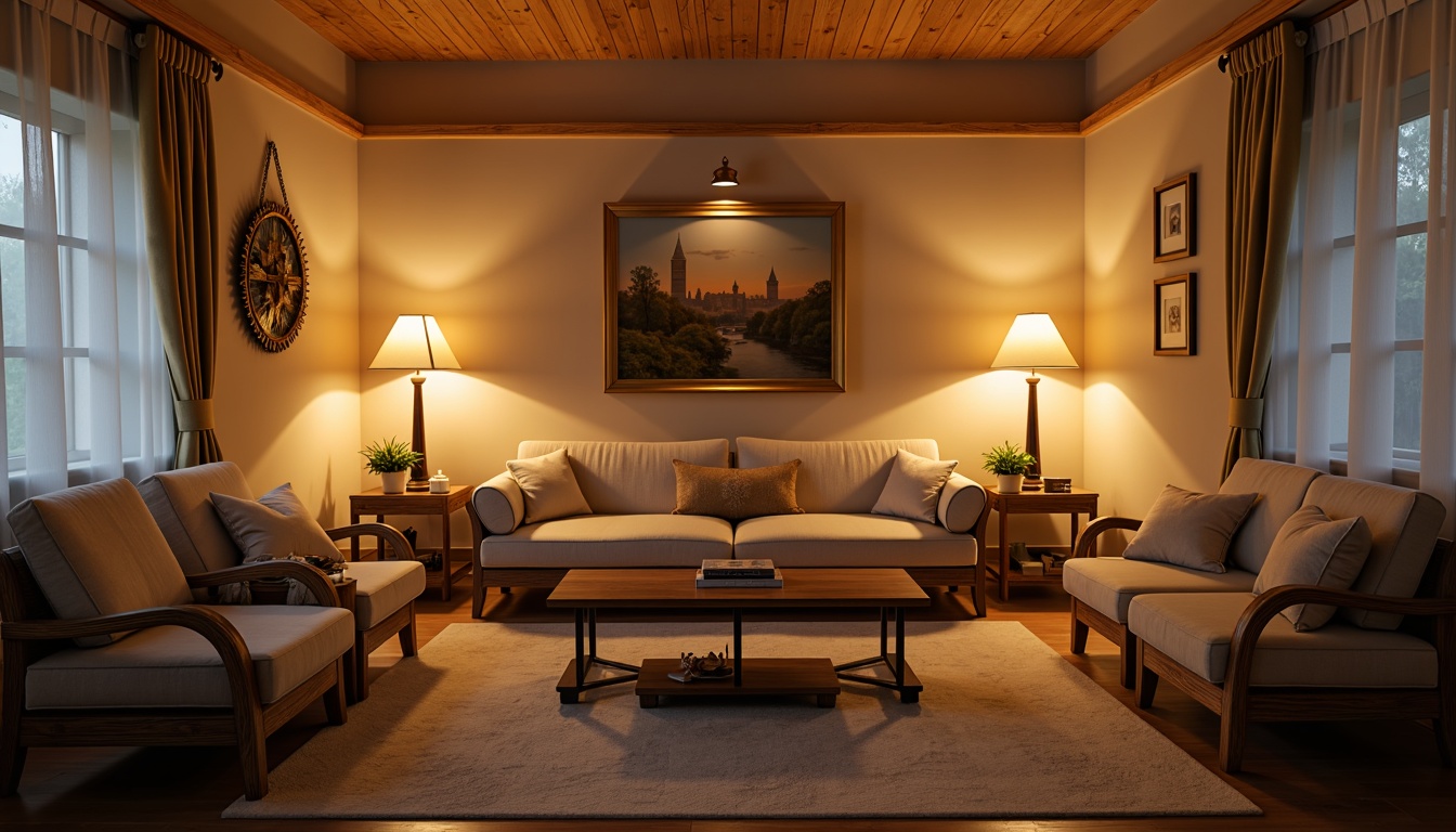 Prompt: Cozy living room, warm beige walls, plush furniture, soft cushions, natural wood accents, floor lamps, table lamps, pendant lights, dimmable LED bulbs, warm white lighting, 3-way socket outlets, comfortable seating areas, rich textiles, velvety fabrics, subtle sheen, inviting ambiance, relaxed mood, calming atmosphere, warm color tones, soft shadows, gentle highlights, layered lighting effects, warm glow, ambient illumination.