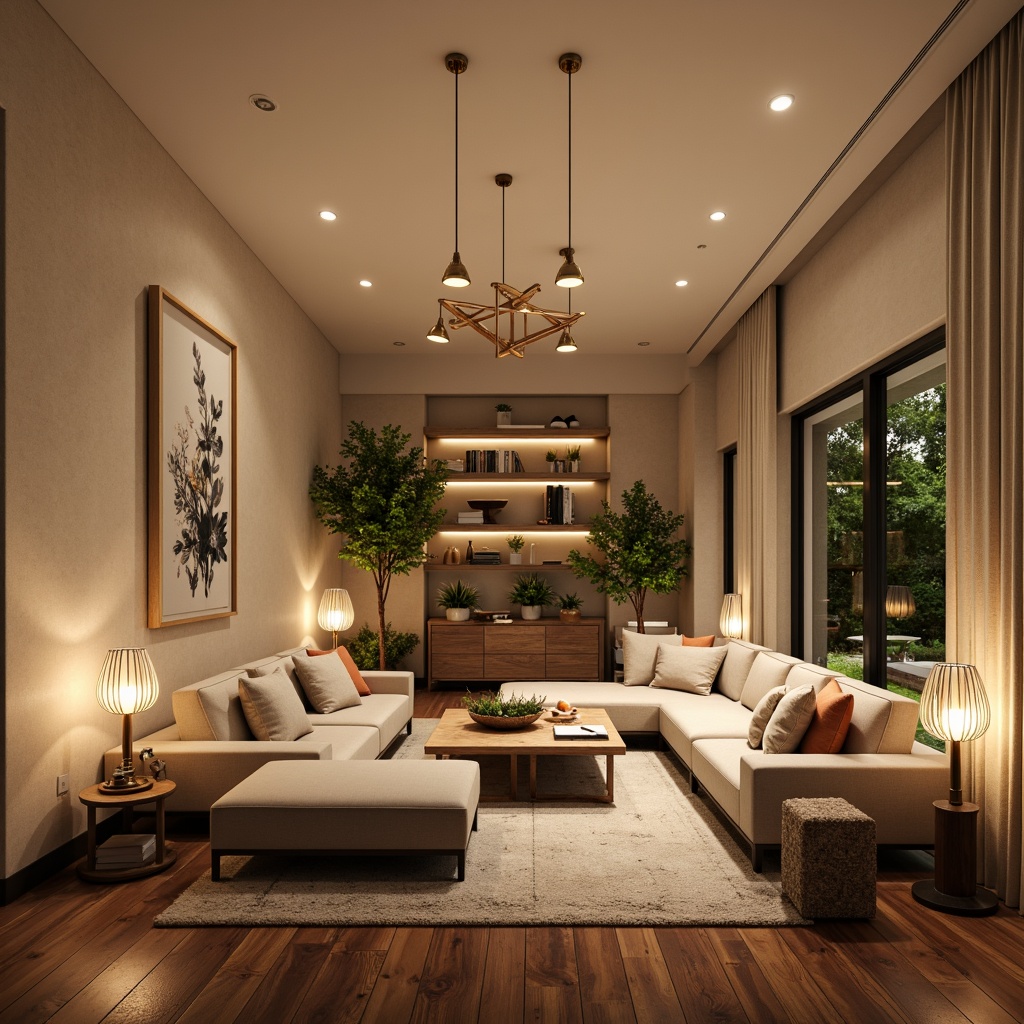 Prompt: Sophisticated living room, warm ambient lighting, cozy floor lamps, soft glowing table lights, elegant chandeliers, minimalist ceiling fixtures, cream-colored walls, rich wood flooring, plush area rugs, comfortable seating areas, inviting reading nooks, vibrant greenery, natural stone accents, subtle color schemes, warm beige tones, creamy whites, gentle shadows, 1/1 composition, soft focus, warm color temperature.