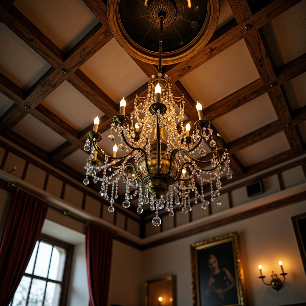 Prompt: Elegant chandelier, ornate metalwork, crystal droplets, warm soft glow, rustic wooden beams, vintage lanterns, distressed finishes, classic architectural details, opulent fabrics, rich textures, subtle ambient lighting, warm color temperatures, cozy atmosphere, traditional English mansion, luxurious interior design, refined sophistication.