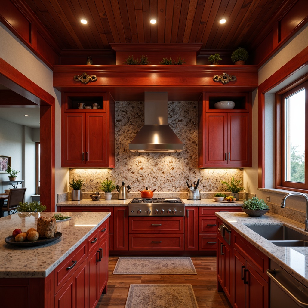 Prompt: Vibrant Asian kitchen, traditional Chinese cabinets, rich wood tones, ornate metal hardware, bold red accents, intricately patterned backsplash tiles, glass mosaic designs, stainless steel appliances, sleek granite countertops, under-cabinet lighting, warm ambient glow, shallow depth of field, 2/3 composition, realistic textures, soft focus blur.