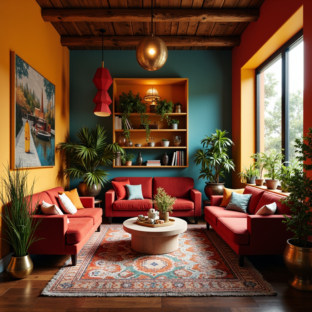 Prompt: Vibrant living room, bold colorful walls, eclectic furniture, plush velvet sofas, Moroccan-inspired tiles, metallic accents, rich wood tones, lush greenery, natural light pouring in, warm cozy ambiance, soft golden lighting, shallow depth of field, 1/1 composition, realistic textures, ambient occlusion.