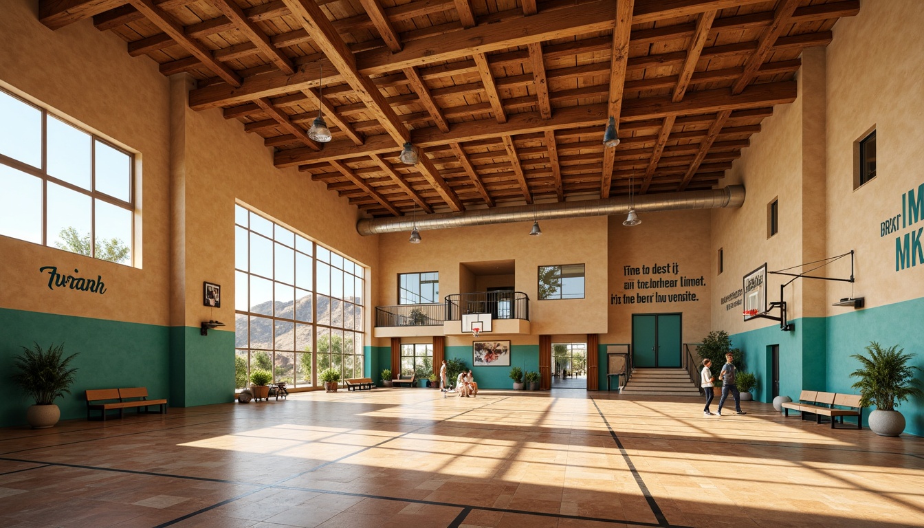 Prompt: Southwestern style gymnasium, warm beige walls, wooden accents, vibrant turquoise hues, exposed ductwork, industrial metal beams, large windows, natural light pouring in, softbox lighting, suspended lanterns, rustic wood flooring, terracotta tiles, adobe-inspired architecture, desert landscape views, sunny day, high ceilings, open spaces, athletic equipment, basketball courts, exercise machines, motivational quotes, inspirational murals, dynamic shadows, warm color temperatures, 1/2 composition, shallow depth of field, realistic textures.