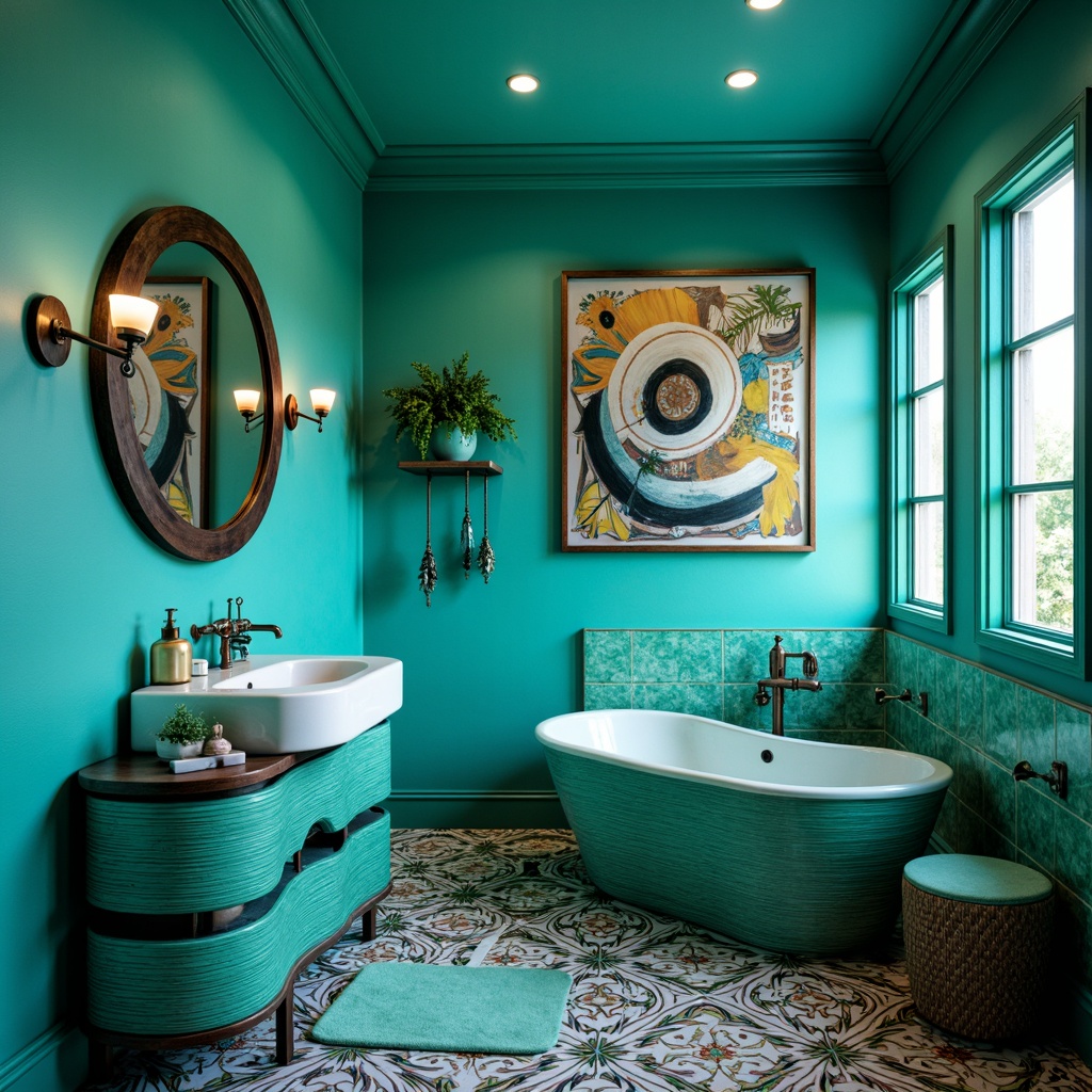 Prompt: Vibrant turquoise bathroom, abstract expressionist furniture, curvaceous sink basin, undulating mirrors, rippled ceramic tiles, organic-shaped bathtub, bold colorful walls, geometric patterned flooring, ornate metal fixtures, avant-garde lighting installations, playful shower curtains, whimsical towel racks, eclectic decorative accessories, artistic wall hangings, moody atmospheric lighting, shallow depth of field, 1/2 composition, realistic textures, ambient occlusion.