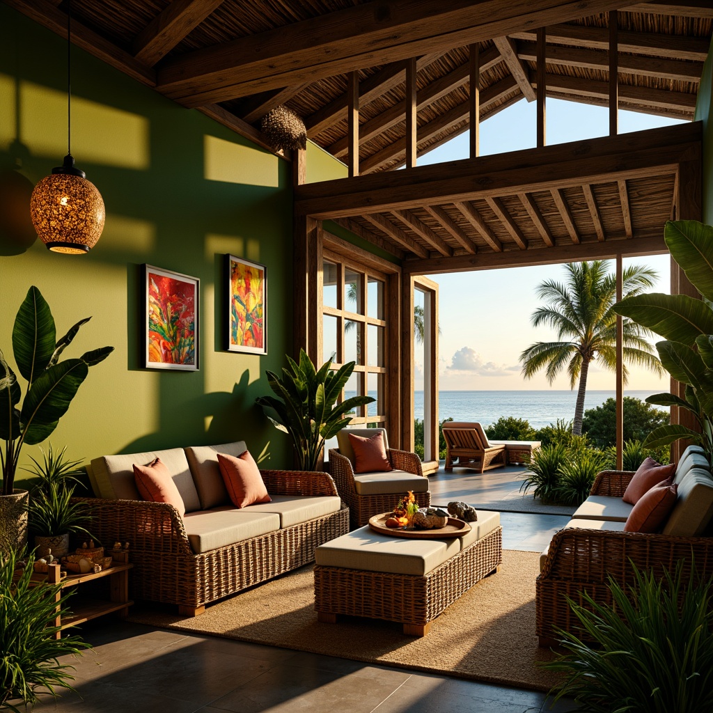 Prompt: Tropical island villa, lush green walls, exotic plants, natural wood accents, woven rattan furniture, colorful tiki torches, pendant lanterns, woven bamboo shades, warm golden lighting, soft ambient glow, coastal breeze, palm tree silhouettes, sunset hues, 1/1 composition, high-key lighting, realistic textures, subtle shadowing.